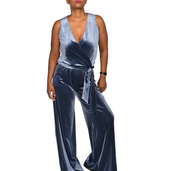 Samantha Dru Flare Jumpsuit Blue Wrap Belt Velour Velvet Wide Leg Pantsuit Small - Picture 11 of 15